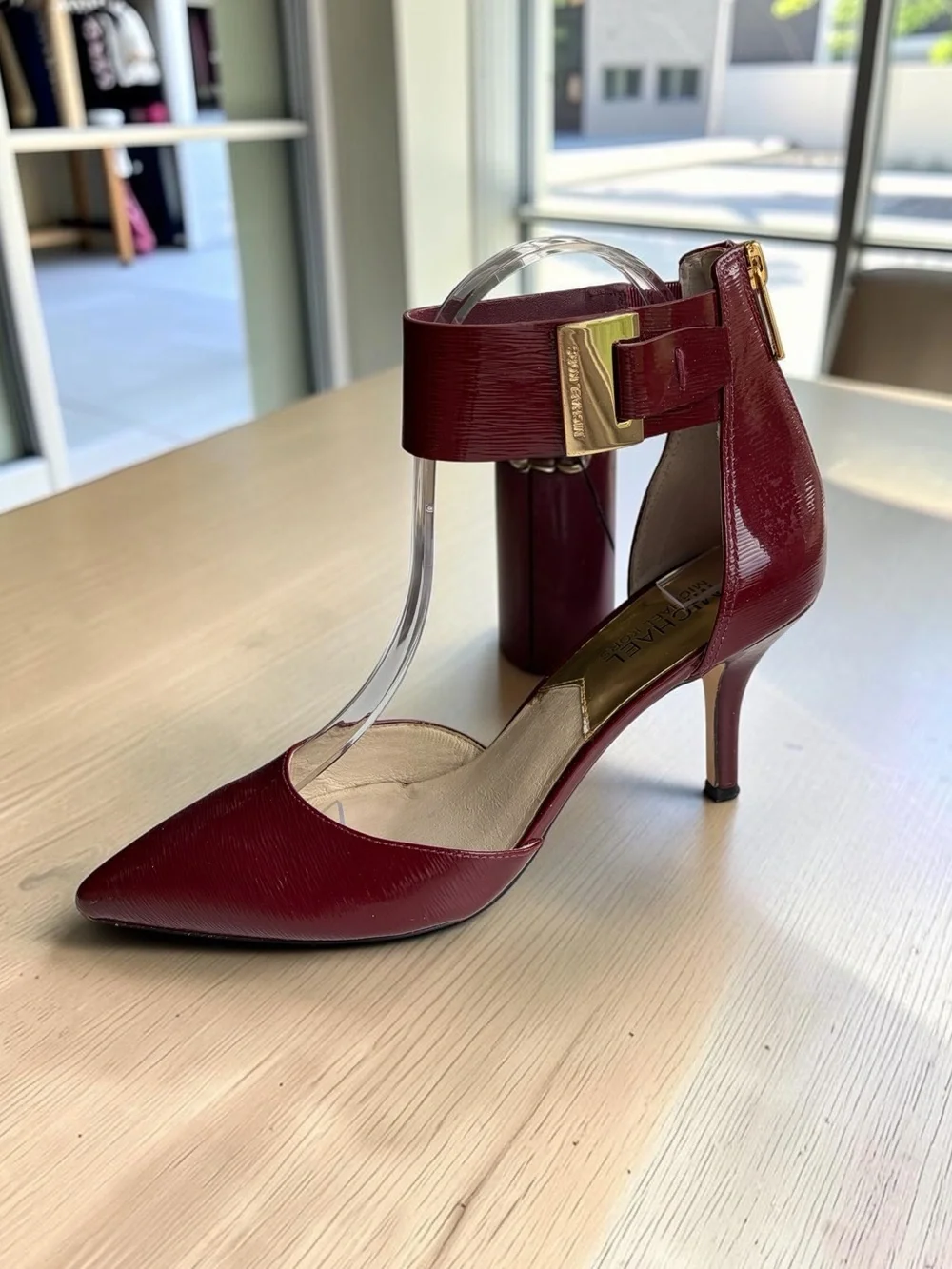 Michael Kors Burgundy Pointed-Toe Ankle-Strap Heels with Gold Accent